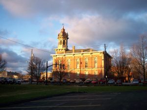 Geauga county courthouse at sunset